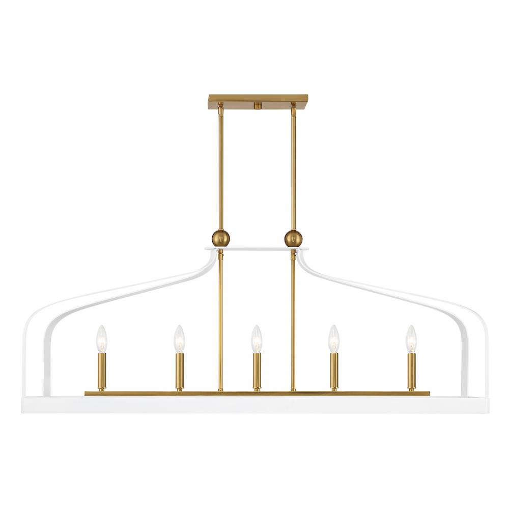 Sheffield 5-Light Linear Chandelier in White with Warm Brass Accents