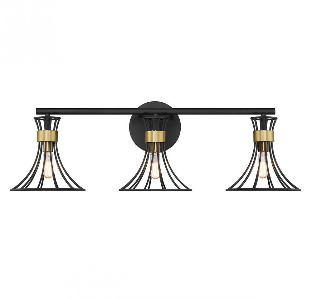 Breur 3-Light Bathroom Vanity Light in Matte Black with Warm Brass Accents