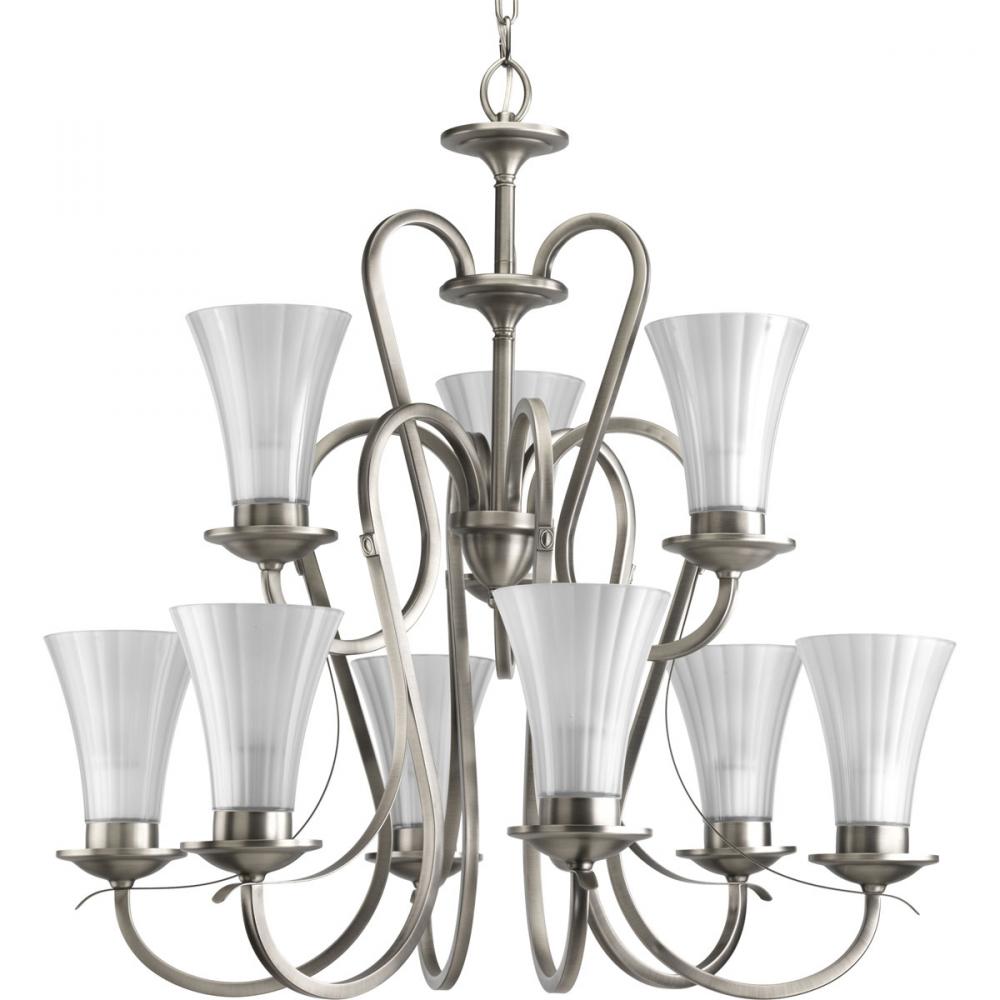 Nine Light Antique Nickel Etched Ribbed (inside) Smooth Outside Glass Up Chandelier