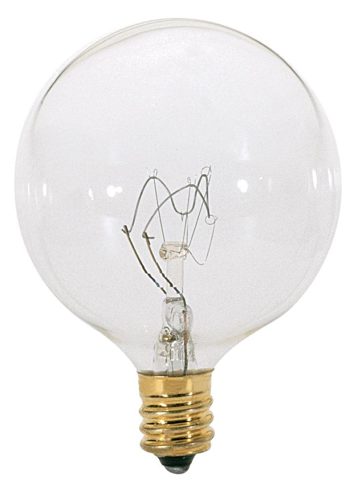 15 Watt G16 1/2 Incandescent; Clear; 2500 Average rated hours; 98 Lumens; Candelabra base; 130 Volt