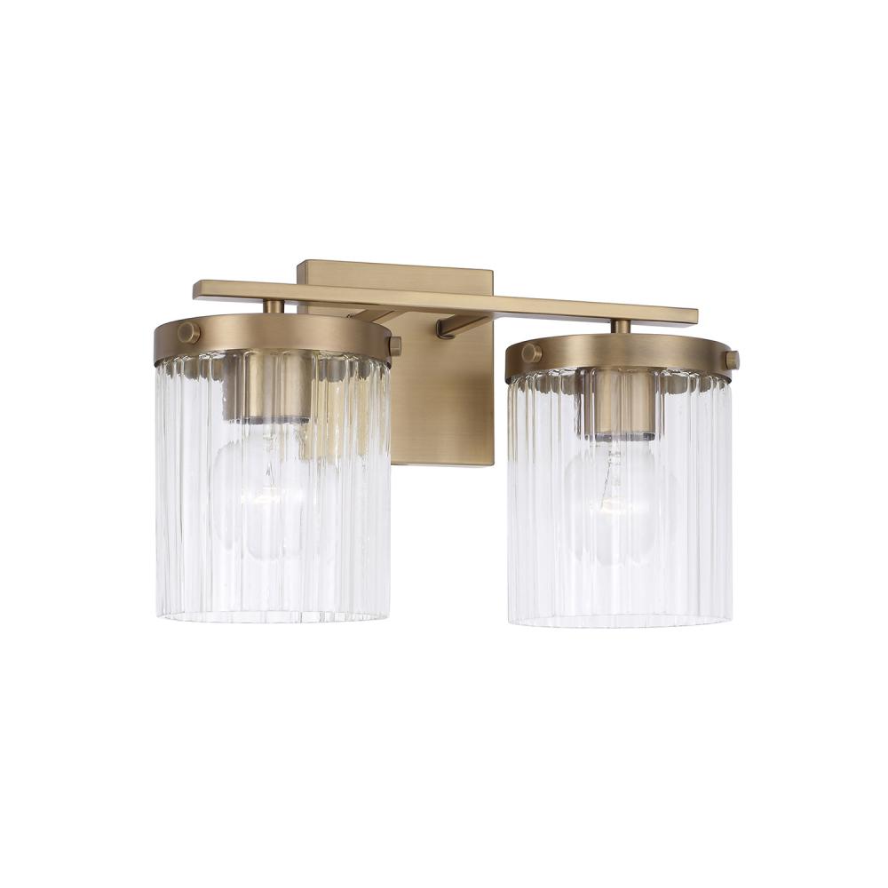 2-Light Vanity in Aged Brass with Clear Beveled Fluted Glass