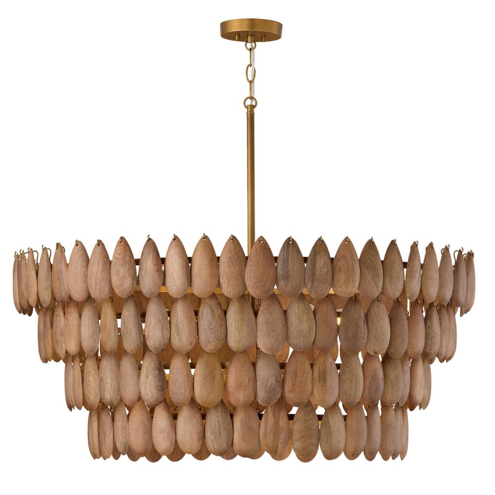 6-Light Pendant in Hand-distressed Patinaed Brass and Handcrafted Mango Wood