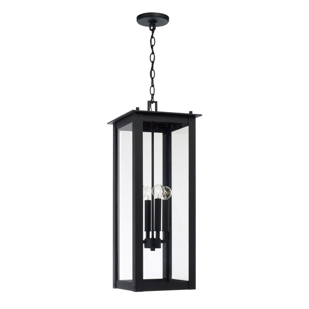 4-Light Outdoor Rectangular Hanging Lantern in Black with Clear Glass