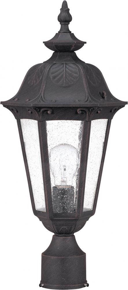 1-Light Medium Outdoor Post Lantern in Satin Iron Ore Finish and Seeded Mist Glass