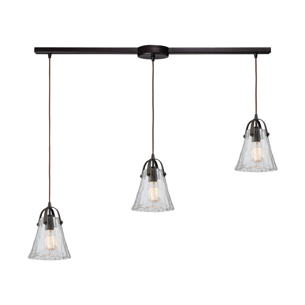 Hand Formed Glass 3-Light Linear Mini Pendant Fixture in Oiled Bronze with Clear Hand-formed Glass